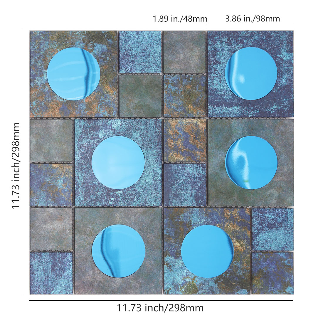 Dark blue aluminum mosaic tile sheet with bright blue round mirror glass inserts