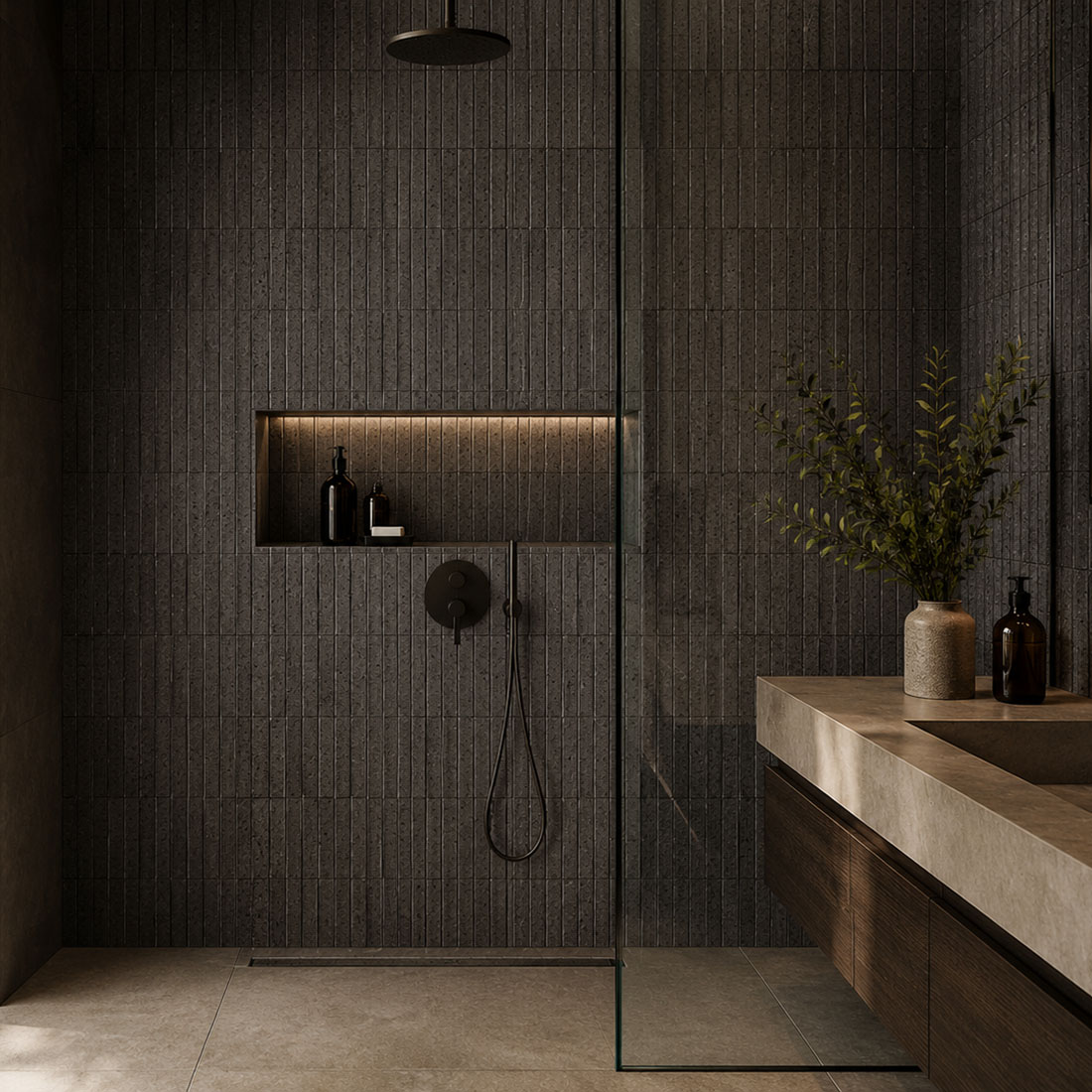 Dark gray lava stone stacked mosaic tile on a modern shower wall
