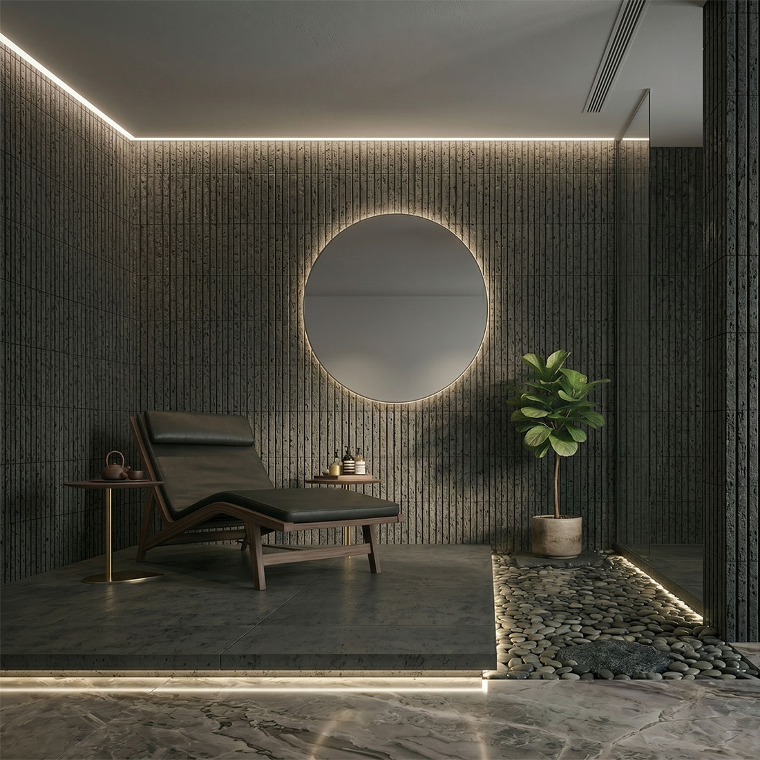 Dark gray lava stone stacked mosaic tile in a modern spa interior