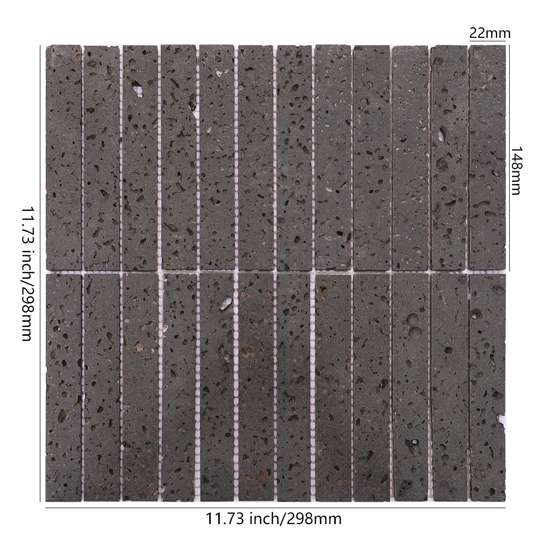 Dark gray lava stone stacked mosaic tile sheet with 22 x 148 mm linear pieces