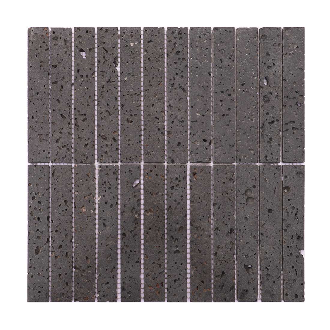 Dark gray lava stone stacked mosaic tile sheet in a vertical linear pattern