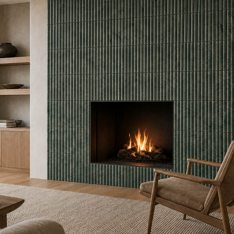 Close view of dark green fluted tiles surrounding a modern built-in fireplace