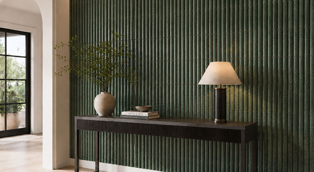 {"default":"Dark green fluted wall tiles create a textured modern accent wall"}
