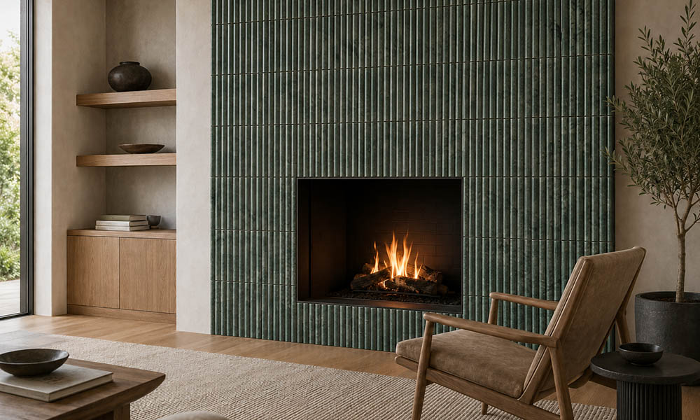 Dark green fluted tile fireplace in a warm modern living room with wood shelves