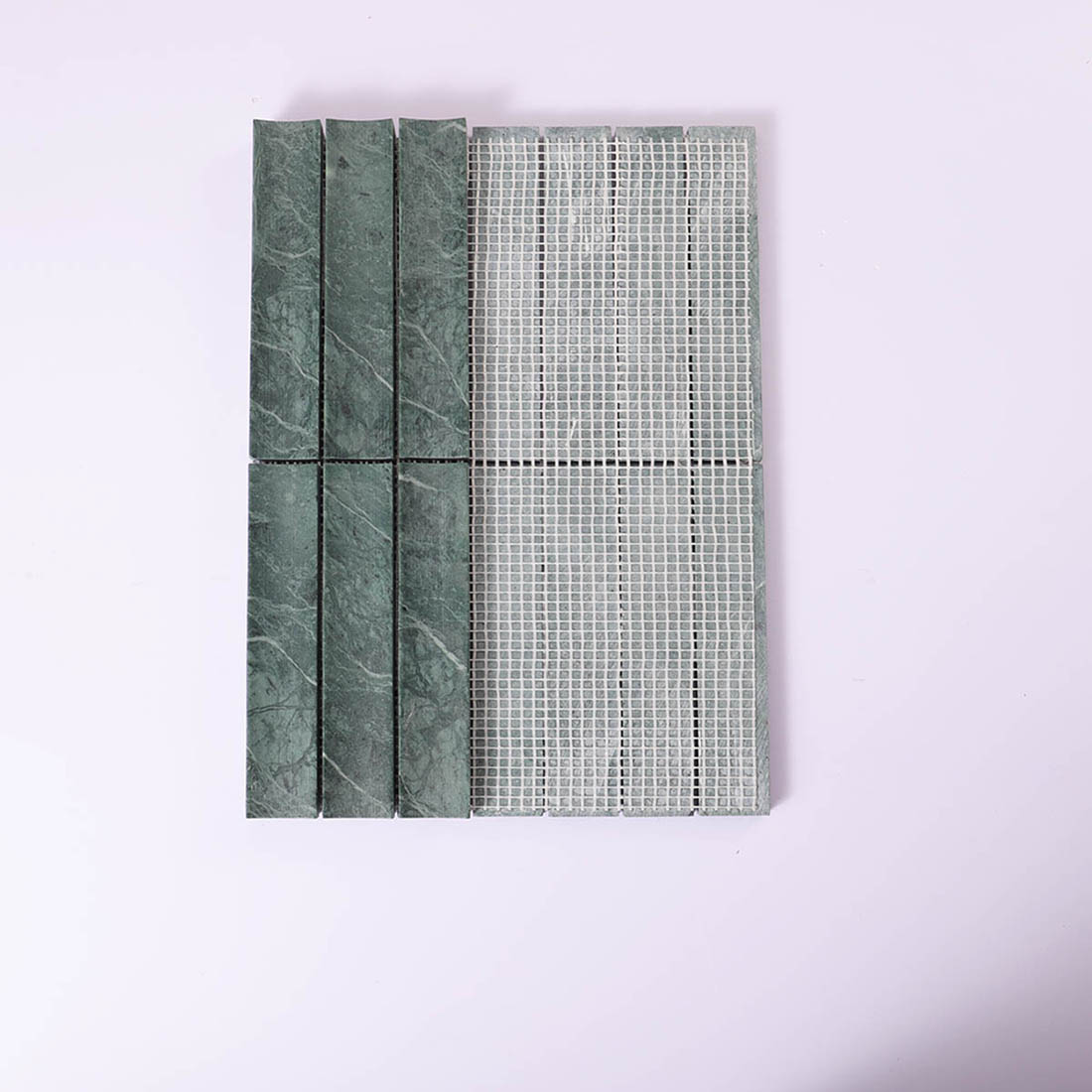 Front and mesh backing view of dark green marble vertical strip mosaic