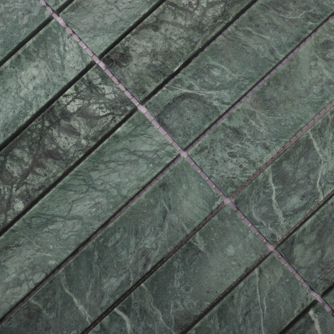 Dark green marble linear mosaic with curved concave ends and matte texture