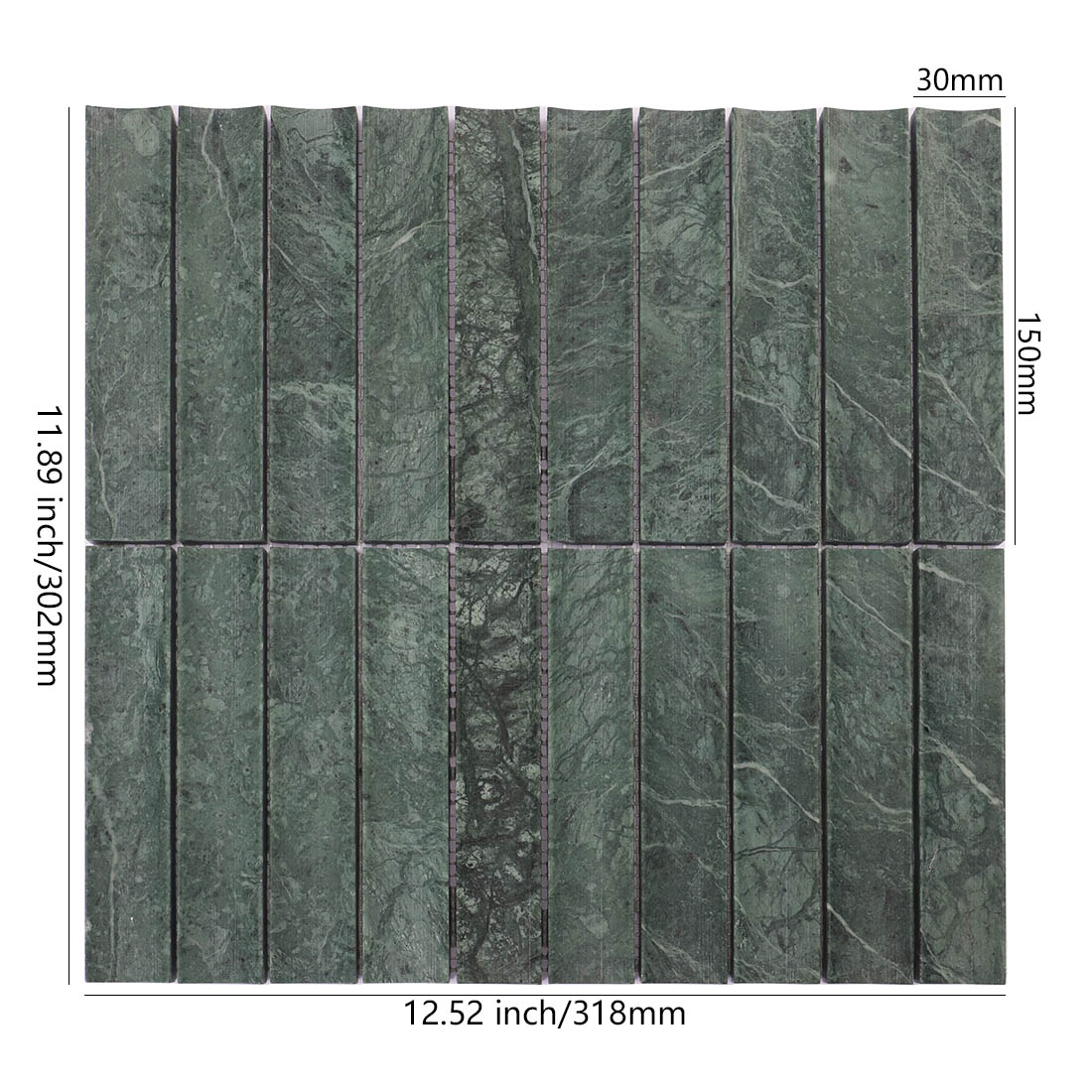 Dark green marble strip mosaic with 29 x 149 mm chips and sheet dimensions