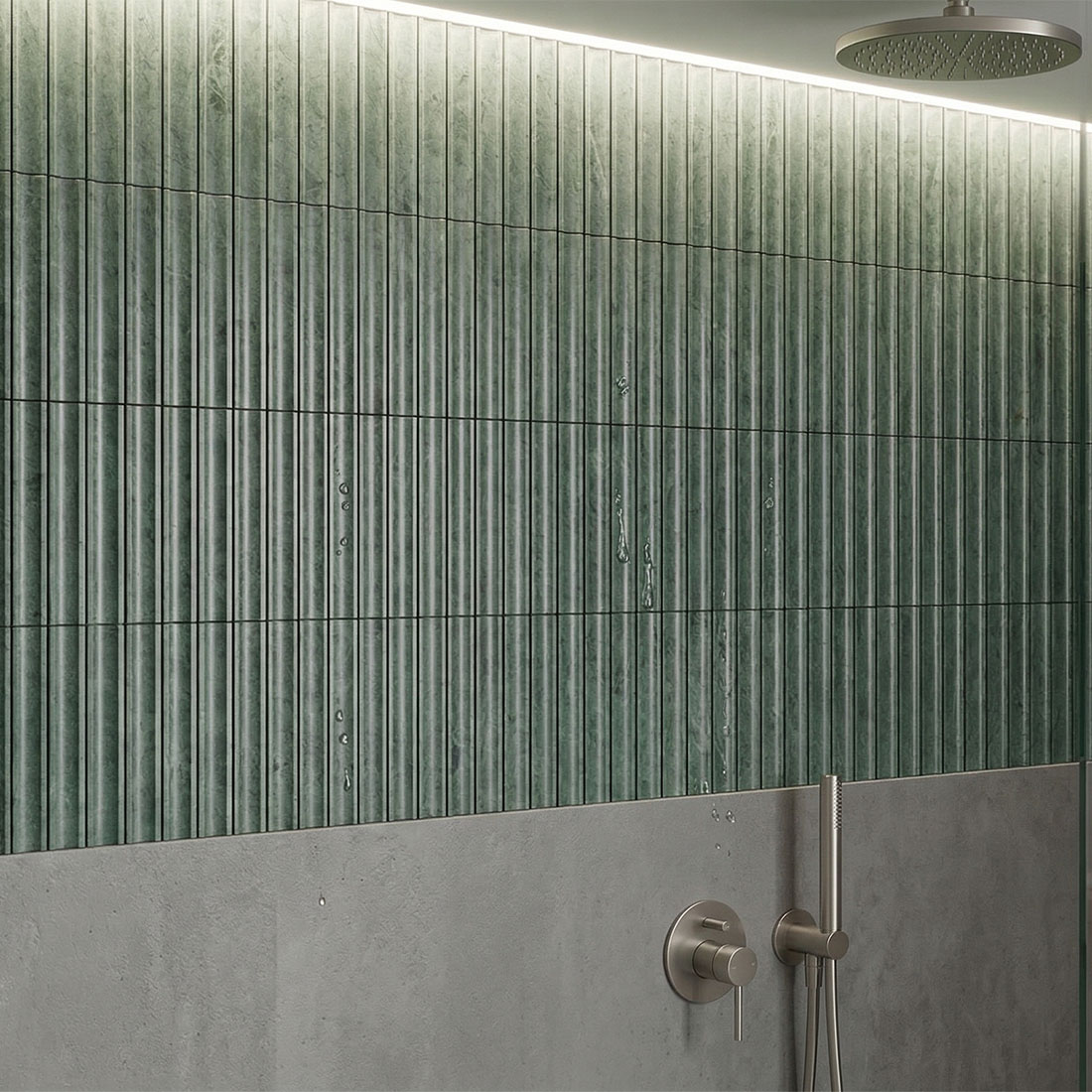 Dark green marble vertical strip mosaic tile installed on a modern shower wall