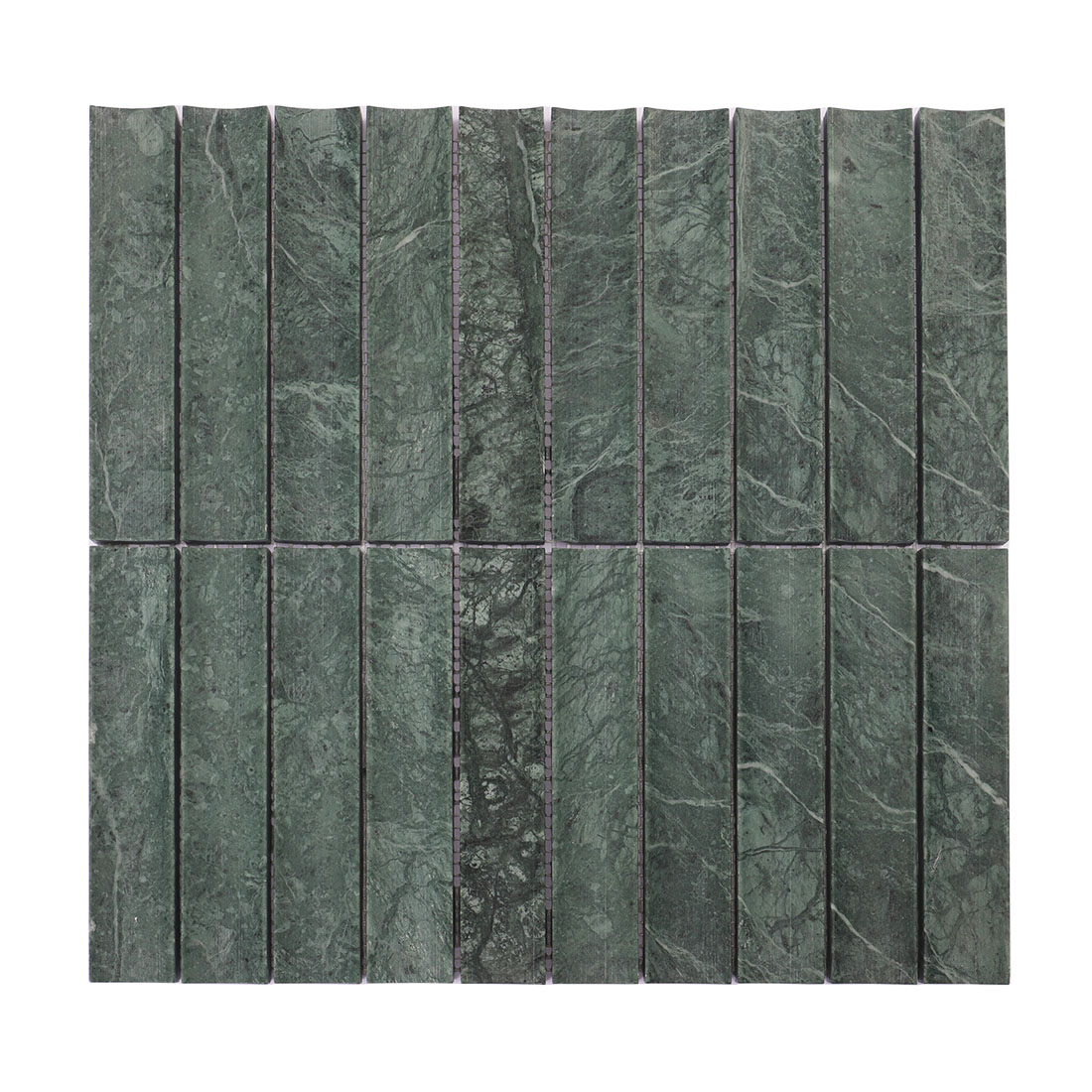 Dark green marble vertical strip mosaic sheet with flowing white natural veins