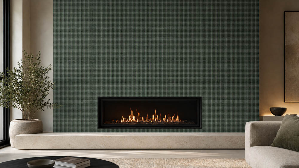 Dark green square mosaic tile fireplace wall in a modern living room