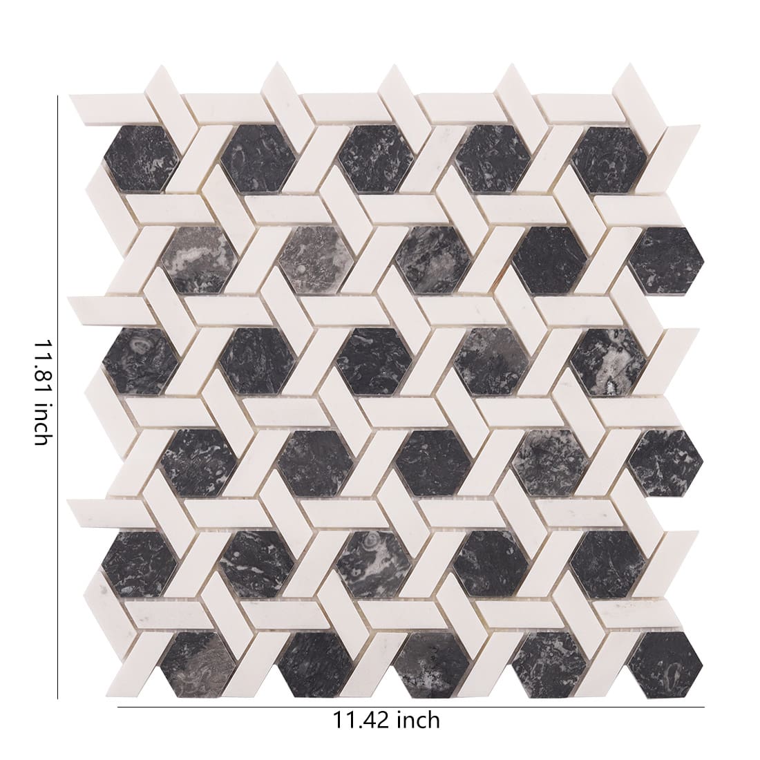 Dark grey marble hexagon mosaic sheet with size measurements
