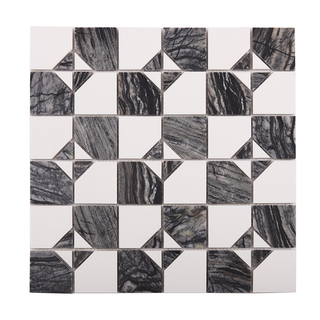 Front view of dark gray marble and white square mosaic tile sheet on white background