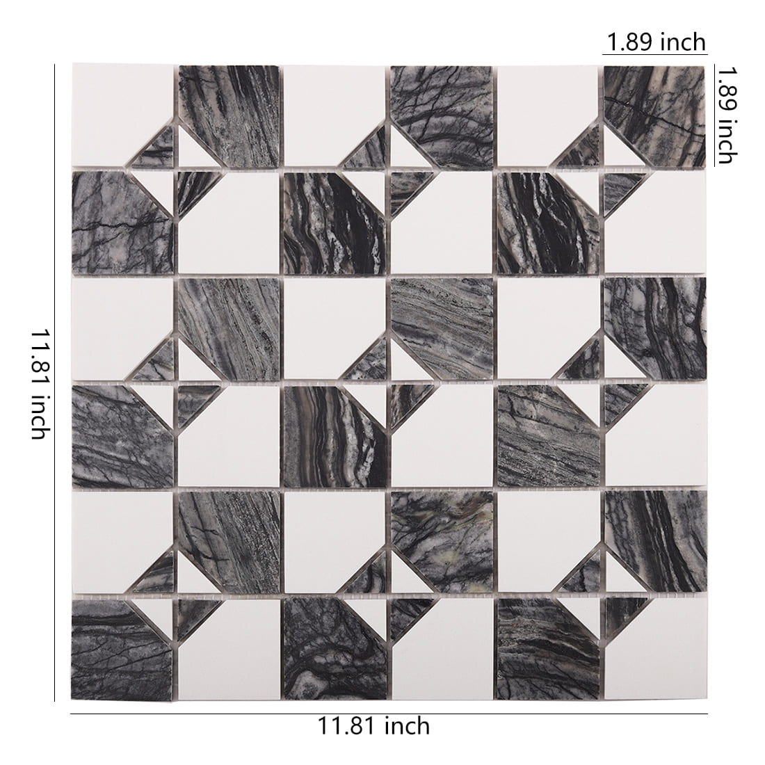 Dark gray marble and white square mosaic tile sheet with size measurements 