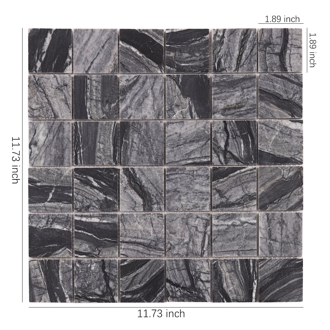 Dark gray marble square mosaic tile sheet showing overall size and grid layout