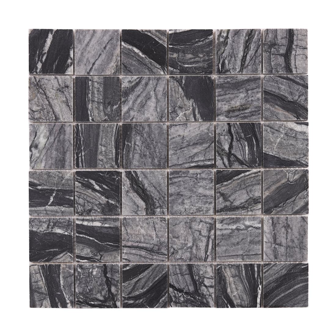 Full sheet view of dark gray square marble mosaic tiles with natural veining