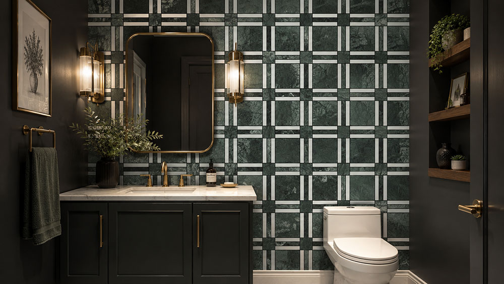 {"default":"Dark green geometric marble wall tile in a luxury powder room"}
