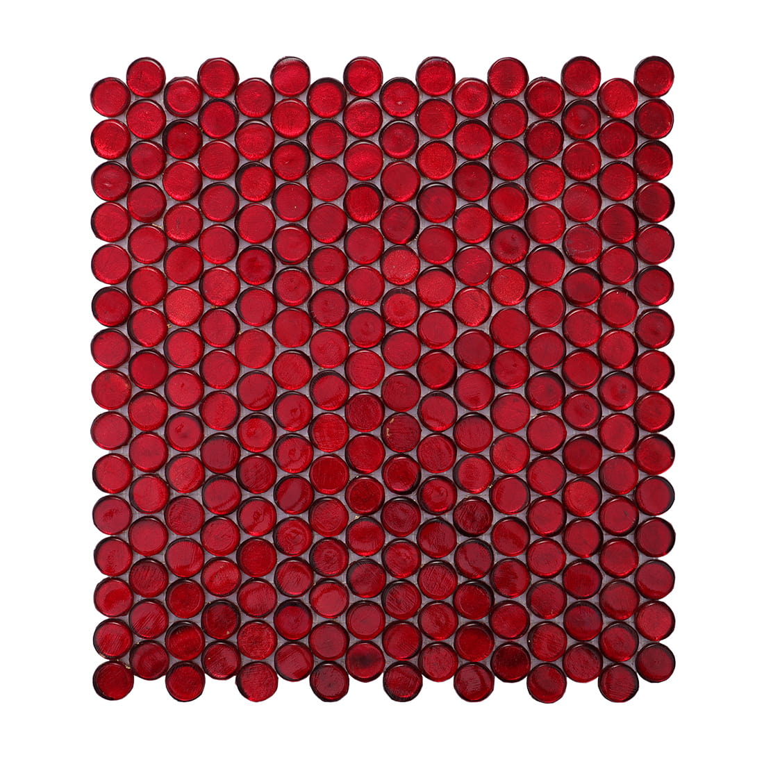 Square layout of deep red round foil glass mosaic tiles with glossy finish