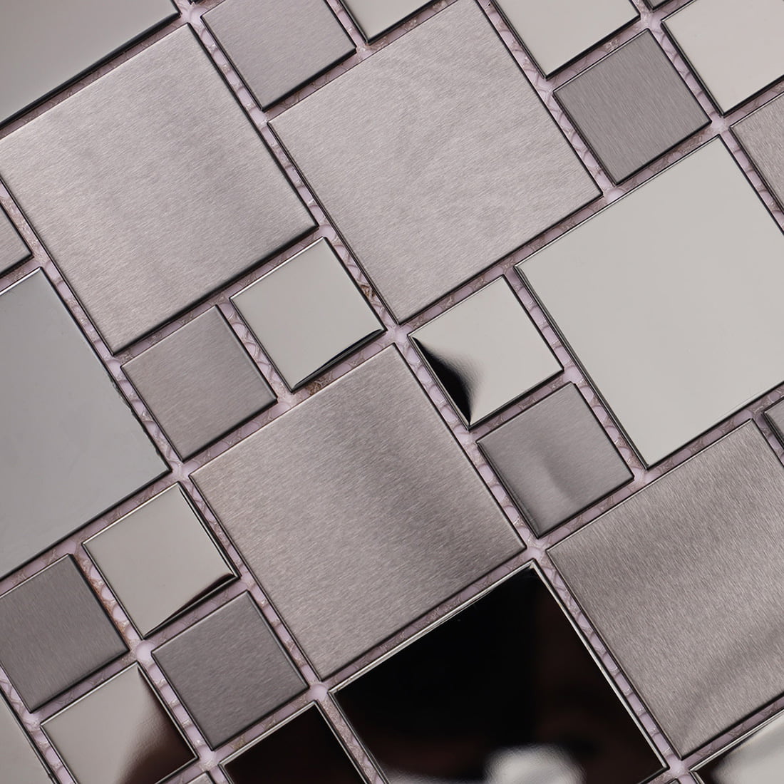 Detailed texture of gunmetal stainless steel square tiles with high-gloss finish