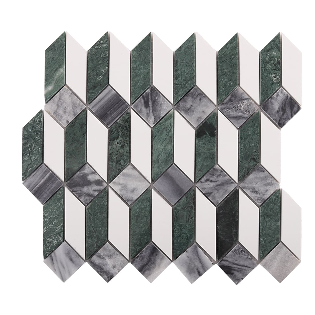 Full view of diamond shape marble mosaic tile in green white and gray tones