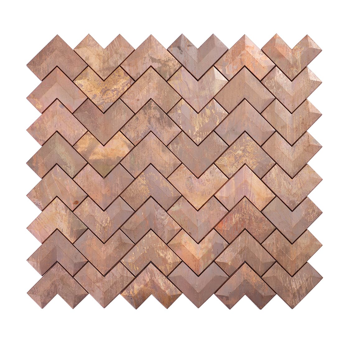 Frontal view of a distressed bronze V-pattern stainless steel mosaic tile sheet