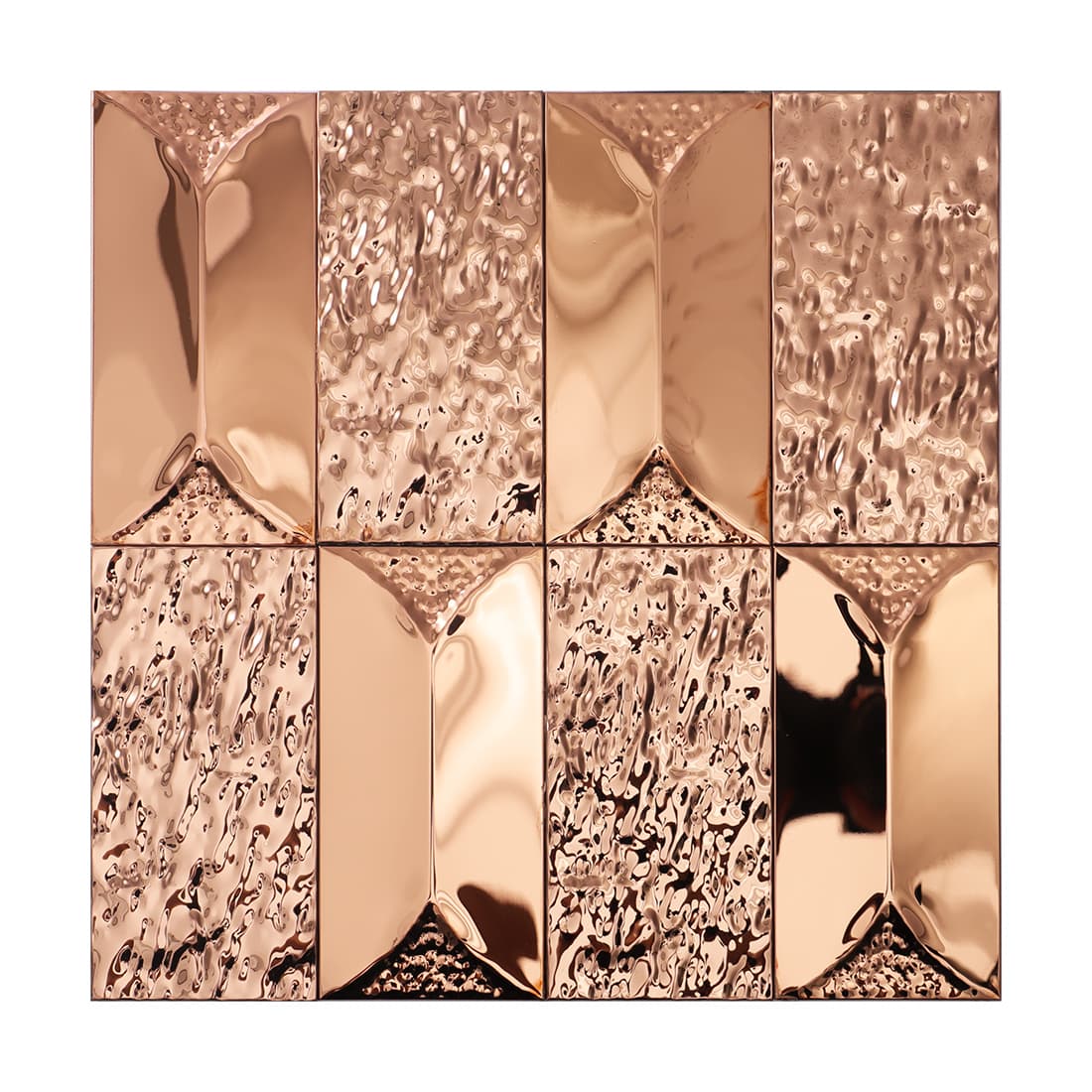 A complete eight-piece panel of 3D rose gold metal peel and stick wall tiles.