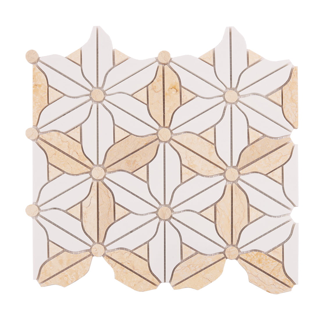 Front view of floral marble mosaic tile sheet on white background