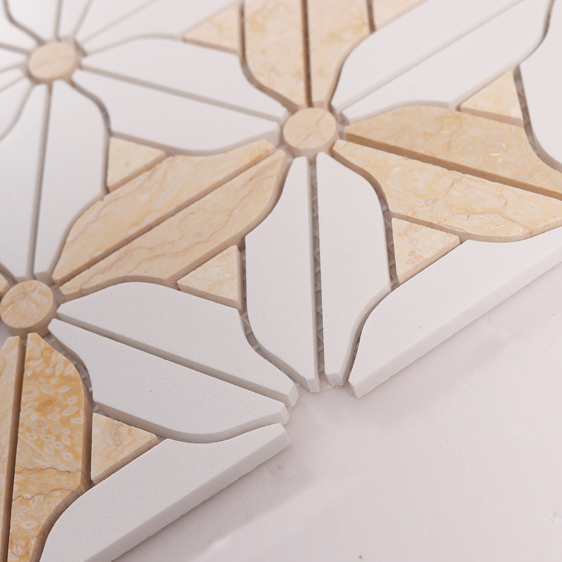 Angled view showing the thickness and edge profile of the mosaic tile sheet