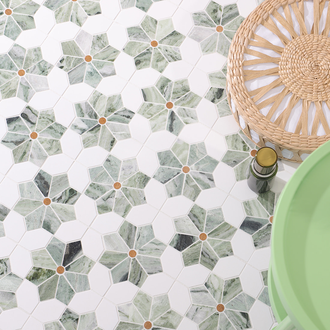 Top view lifestyle shot highlighting the repeating flower marble mosaic pattern