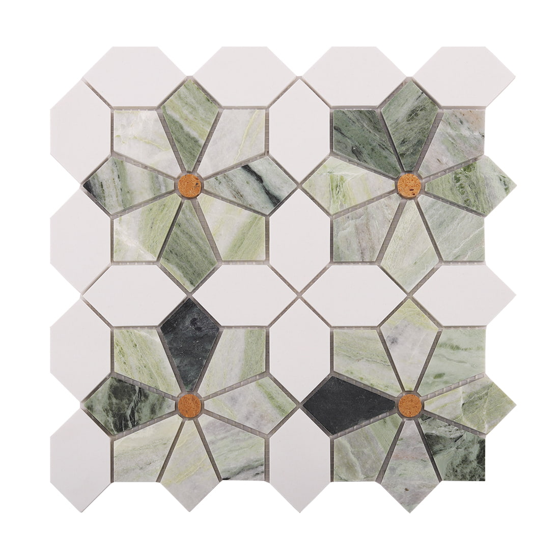 Front view of green and white flower marble mosaic tile sheet