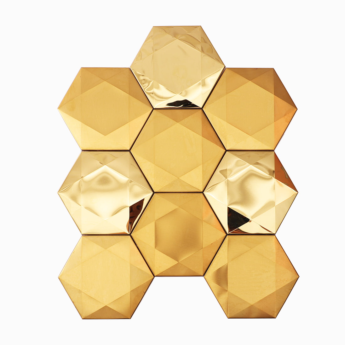 Front view of a luxury 3D gold hexagon metallic mosaic tile sheet.