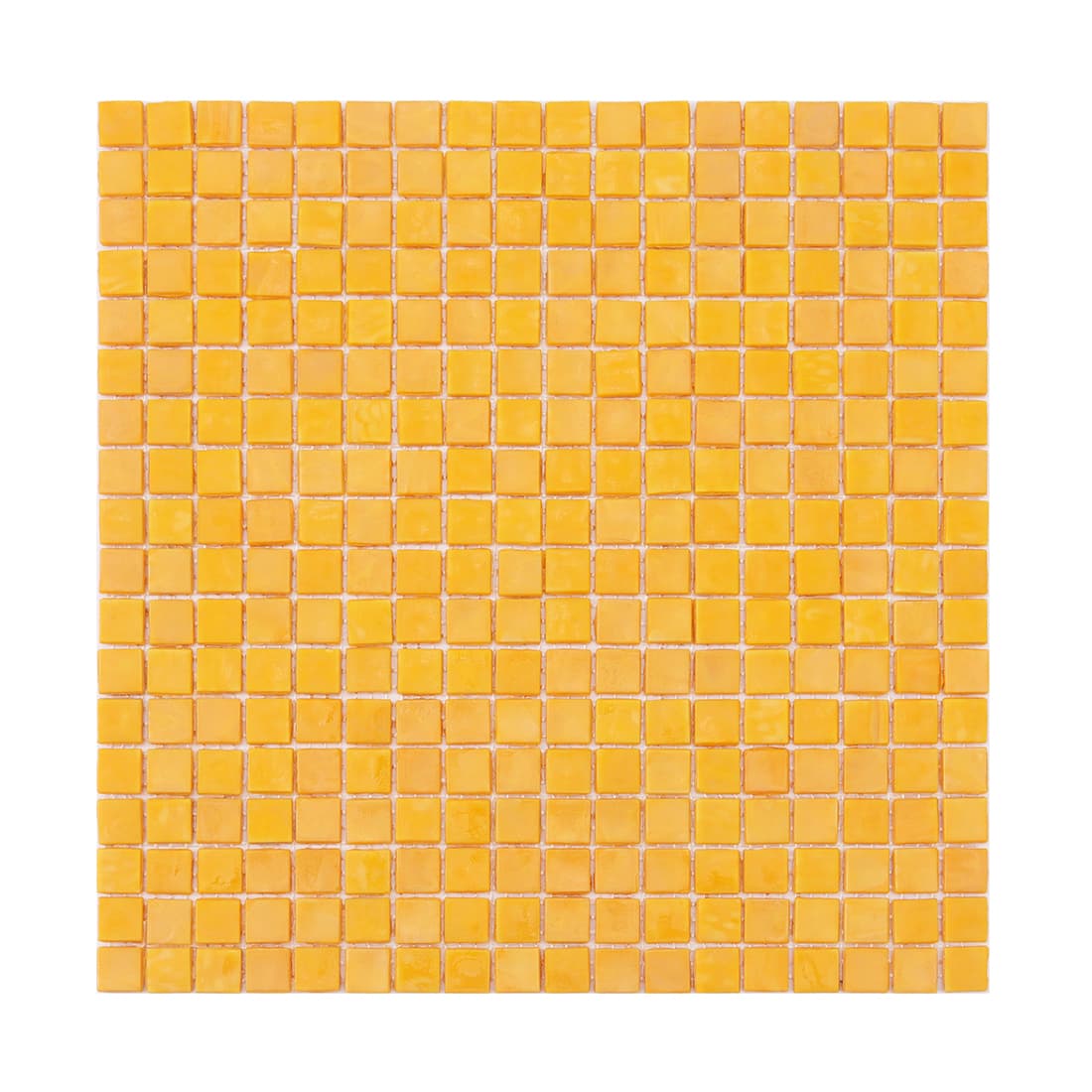 A flat, top-down view of a bright yellow glass mosaic tile sheet on a white background.