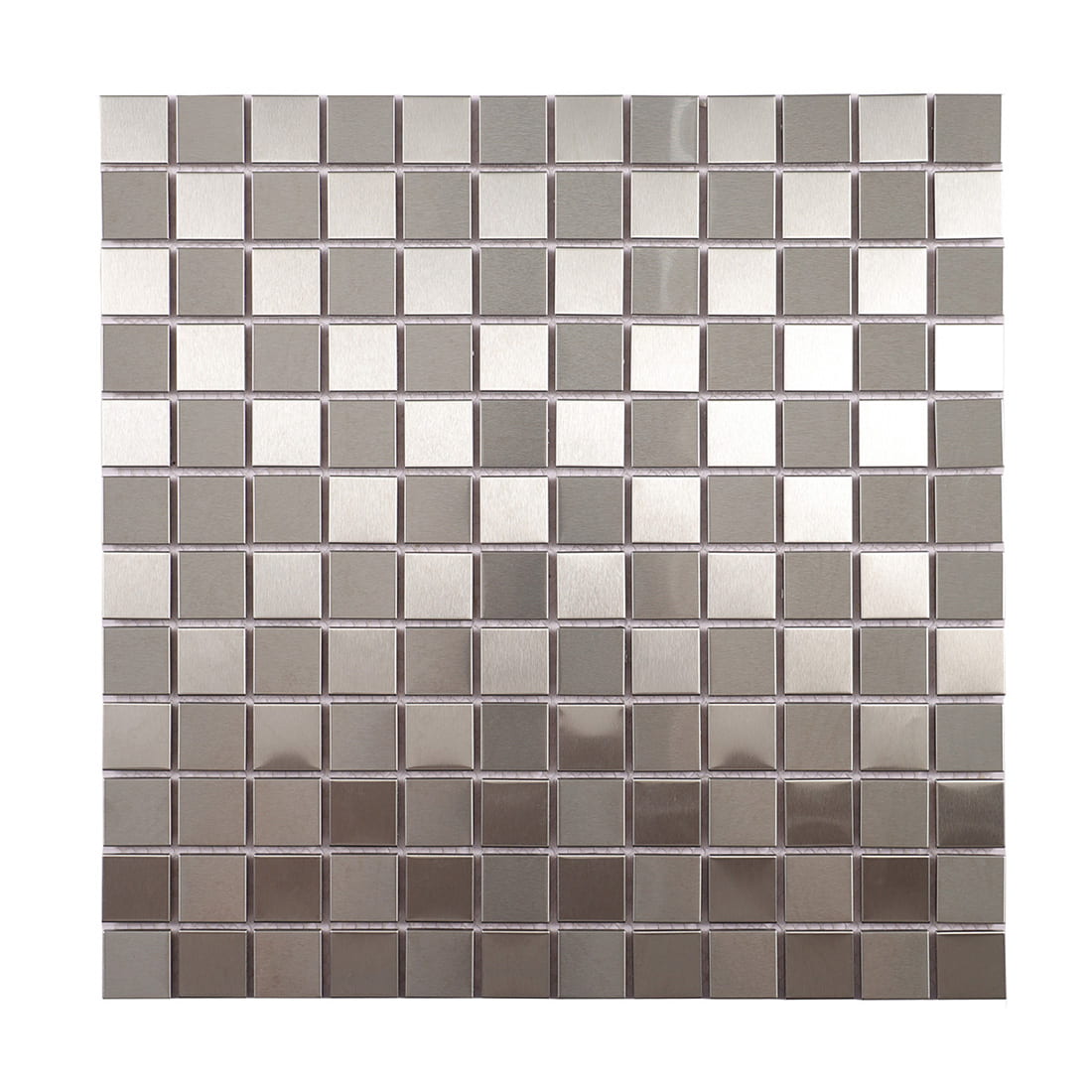 Front view of a square silver metallic mosaic tile backsplash sheet.
