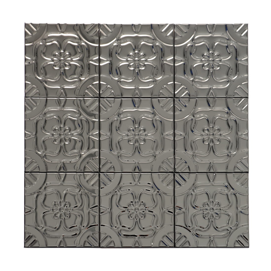 Top view of full black stainless steel floral embossed tile mosaic sheet with grid layout