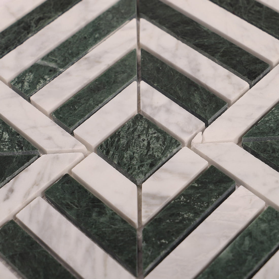 Indian Green and Carrara White Square Geometry Marble Mosaic Floor Tile