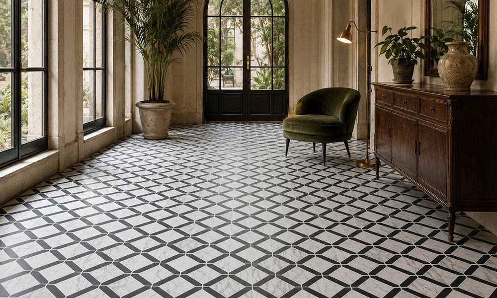 Geometric retro floor tiles across a sunlit vintage hallway with arched black framed doors