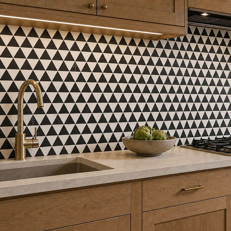 Geometric black and white triangle marble backsplash behind brass faucet