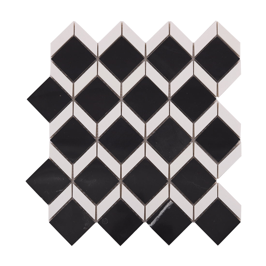 Full view of black and white geometric marble mosaic tile sheet