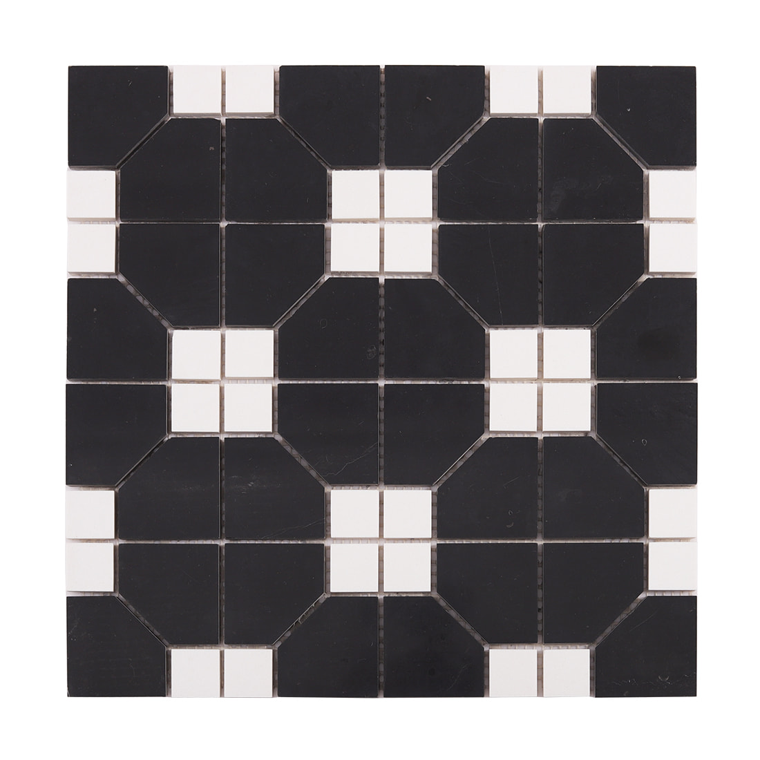 Full sheet view of black marble geometric mosaic tile with white inserts