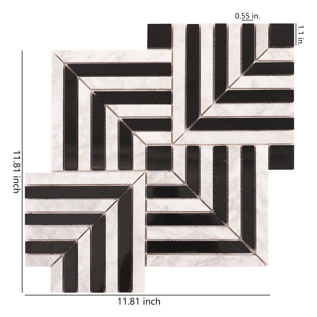 Black and white chevron marble mosaic sheet with size measurements shown