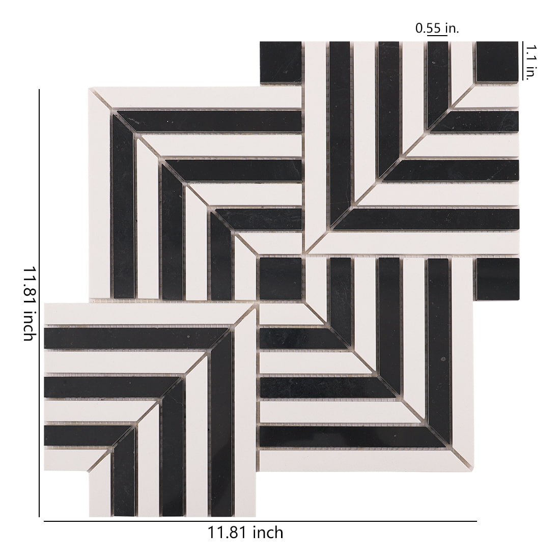 Black and white chevron mosaic sheet with size measurements shown