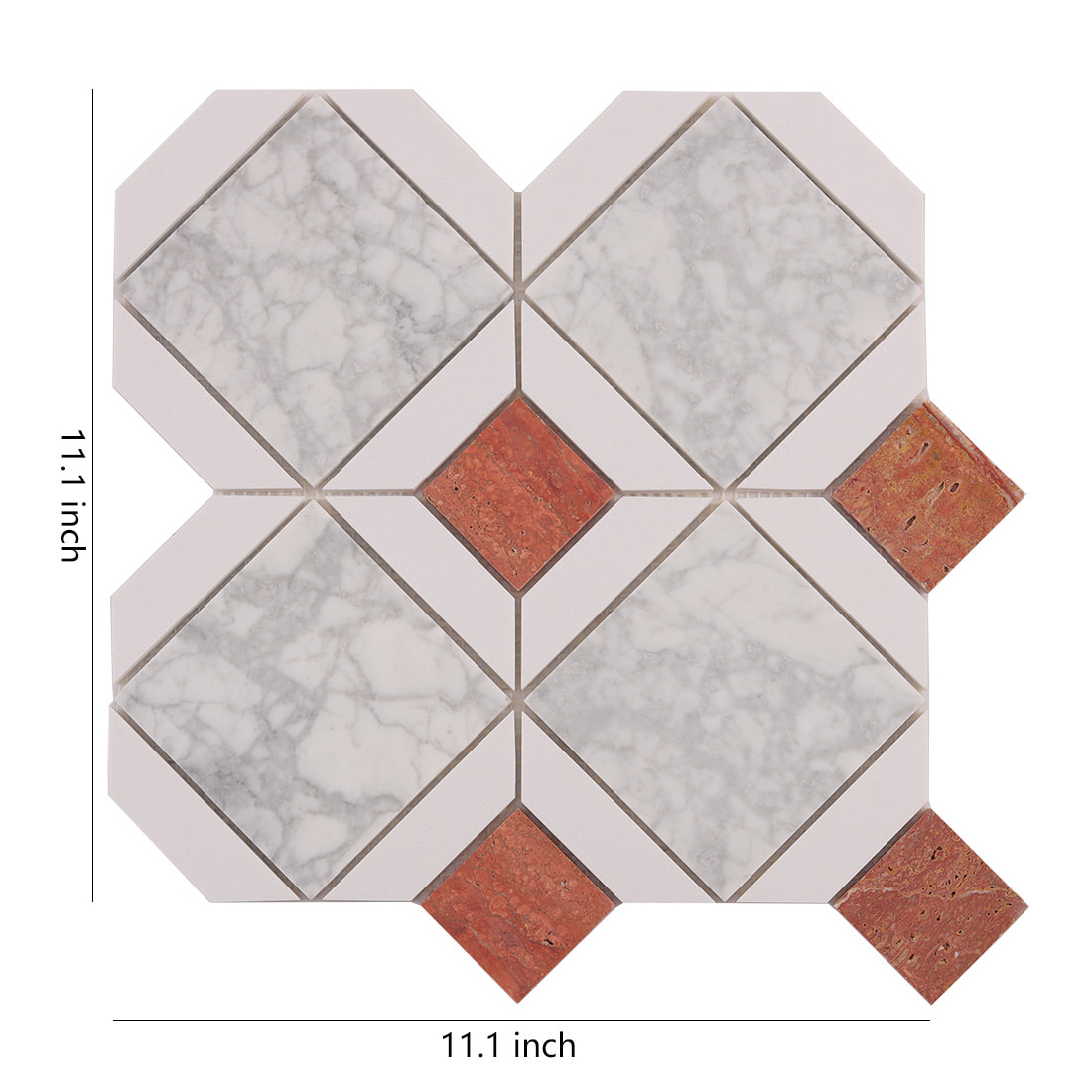 White marble geometric mosaic tile sheet with terracotta square accents