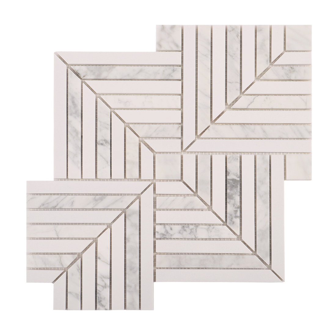 Full white marble chevron pattern mosaic tile sheet on white background
