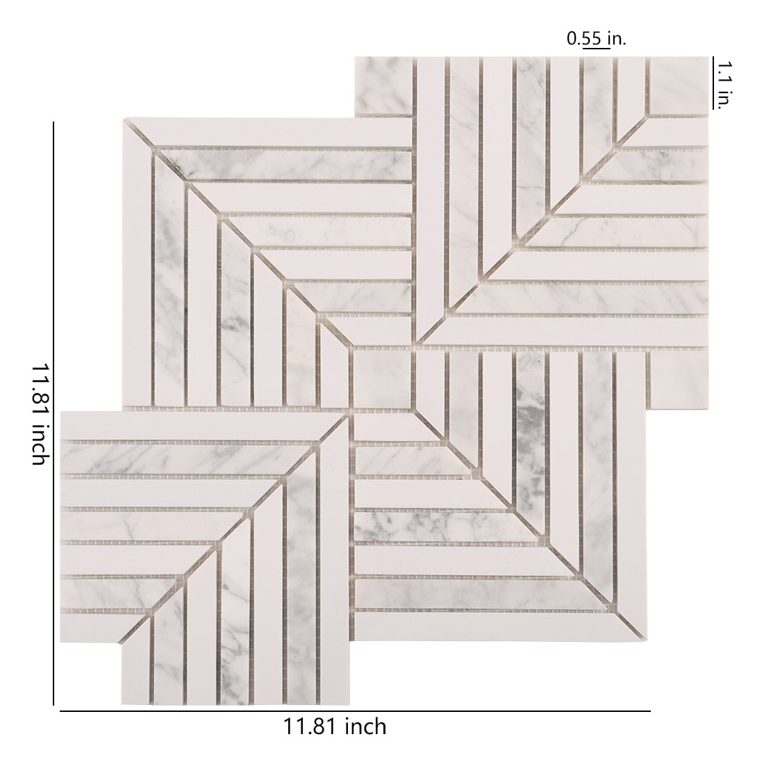 White marble chevron mosaic sheet with size measurements shown
