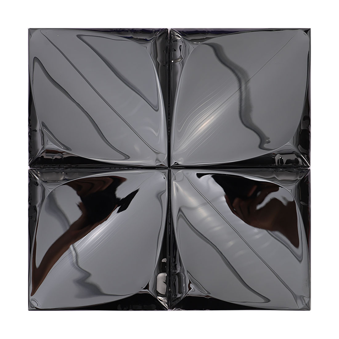 Front view of a glossy black 3D square stainless steel mosaic tile sheet