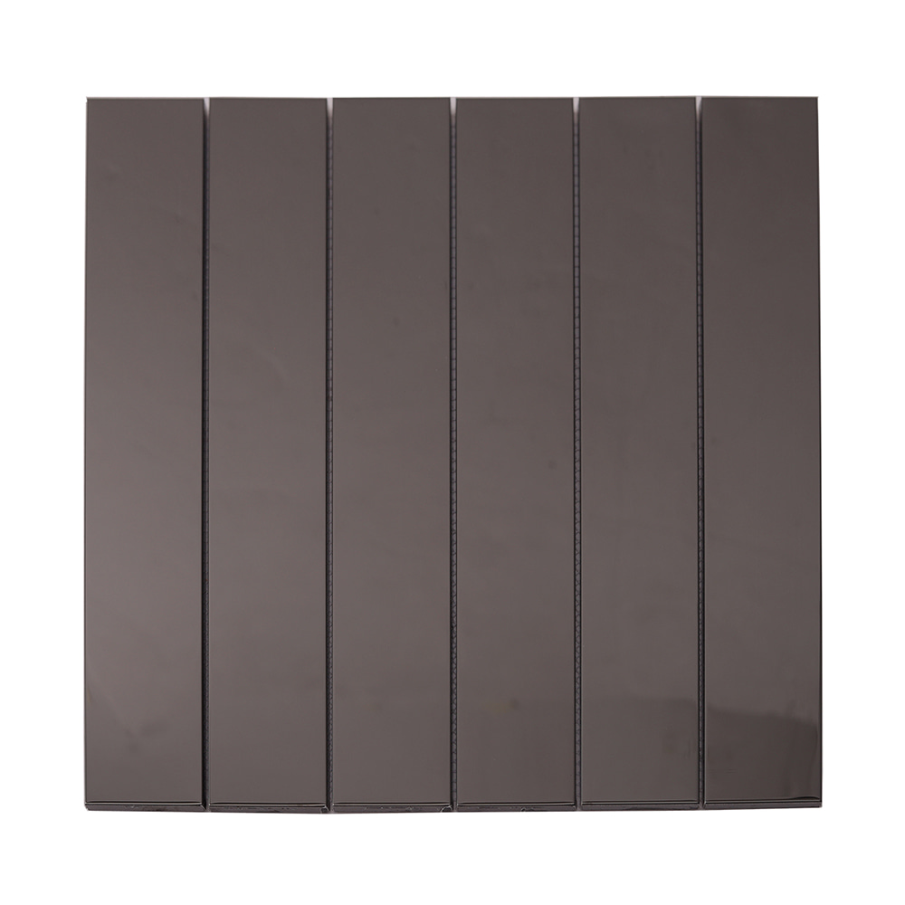 Front view of a glossy black vertical strip stainless steel mosaic tile sheet.