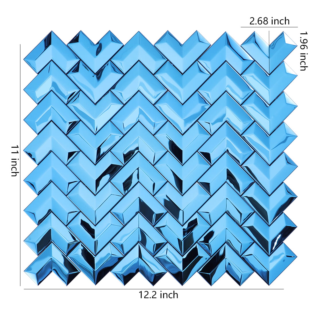 Glossy blue chevron metal mosaic tile sheet with dimension markings in inches.