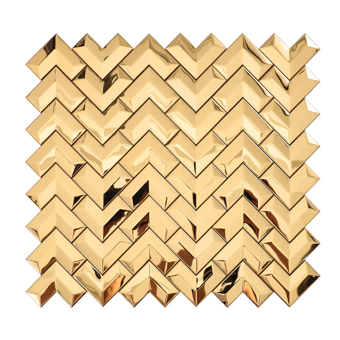 Frontal view of a glossy gold V-shape stainless steel mosaic tile sheet.