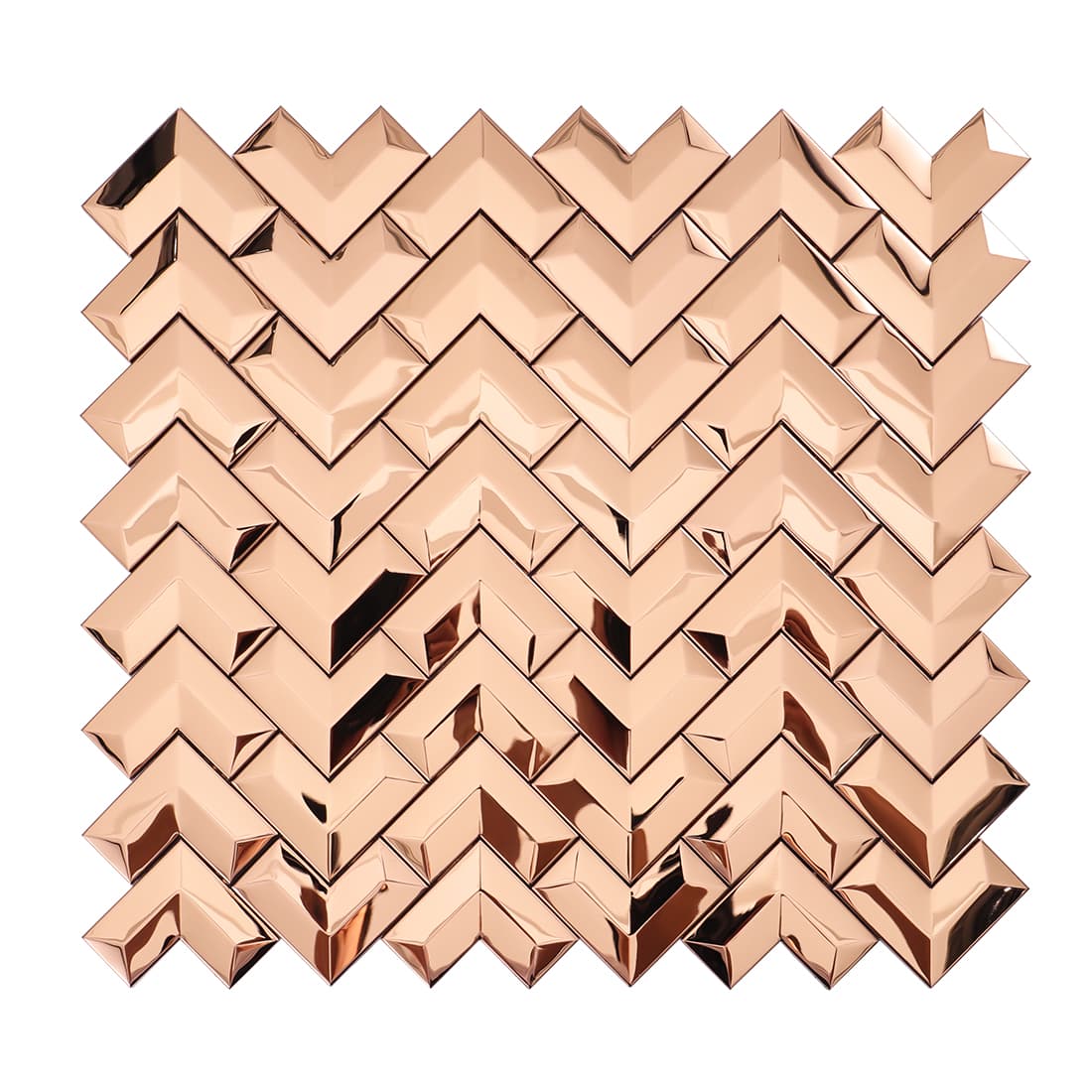 Frontal view of a glossy rose gold chevron stainless steel mosaic tile sheet.