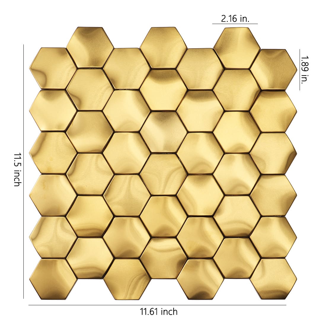 Gold 3D brushed hexagon metal tile sheet with dimension markings in inches.
