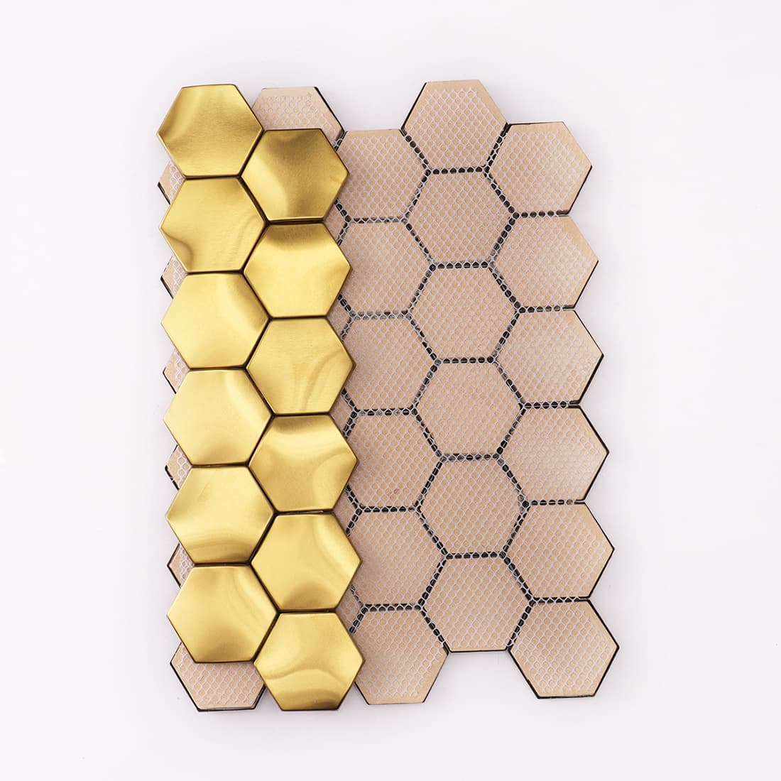 Rear view of gold 3D hexagon tiles illustrating the fiber mesh backing system.